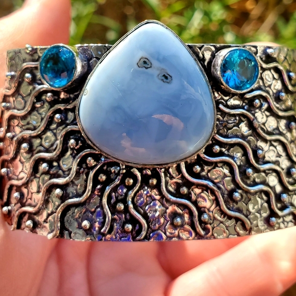 New Owyhee Opal and Blue Topaz 925 Silver Cuff Bracelet. - Picture 6 of 16